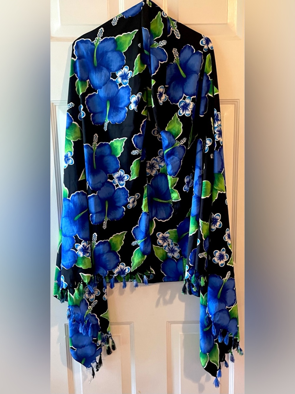 Rima Blue Green Black Tropical Floral Fringed Beach Shawl Swim Coverup Sarong OS